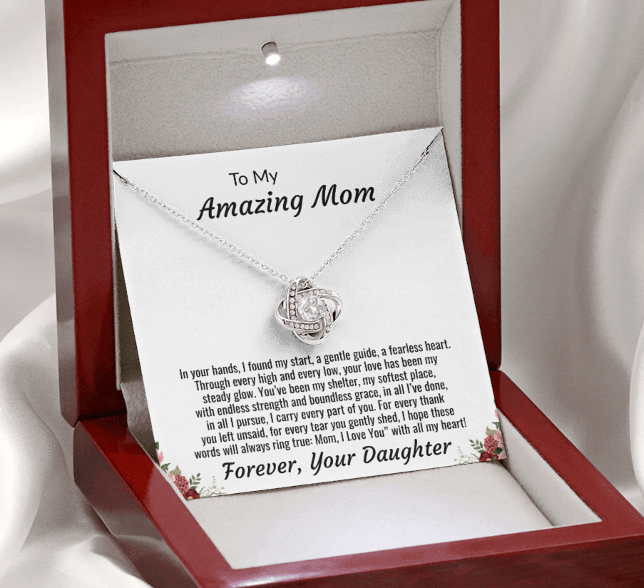 To My Amazing Mom "I Love You with all my Heart" Love Knot Necklace