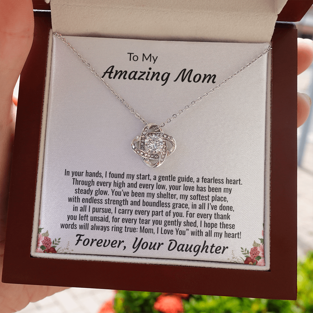 To My Amazing Mom "I Love You with all my Heart" Love Knot Necklace