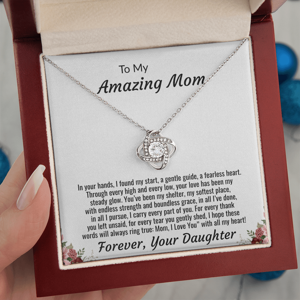 To My Amazing Mom "I Love You with all my Heart" Love Knot Necklace