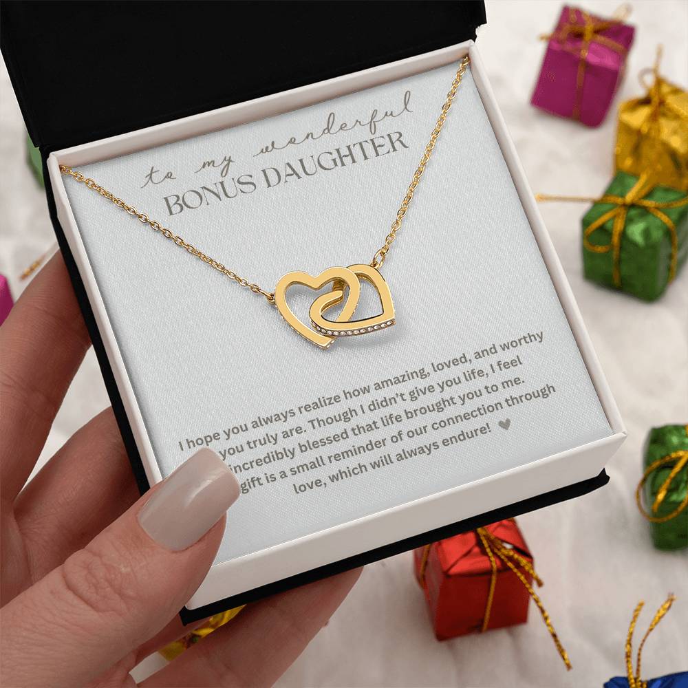 To My Bonus Daughter "Life brought you to me" Interlocking Hearts Necklace