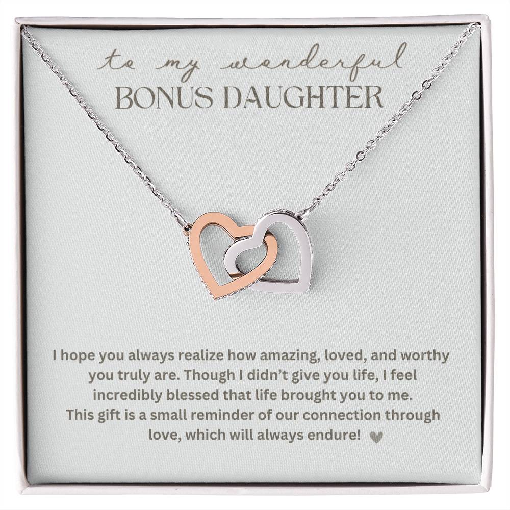 To My Bonus Daughter "Life brought you to me" Interlocking Hearts Necklace