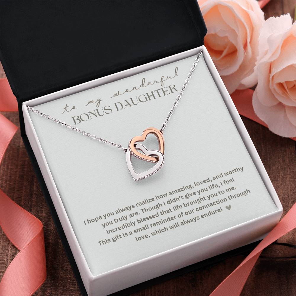 To My Bonus Daughter "Life brought you to me" Interlocking Hearts Necklace