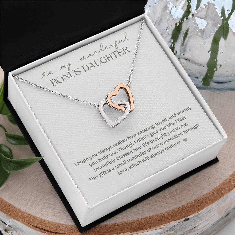 To My Bonus Daughter "Life brought you to me" Interlocking Hearts Necklace