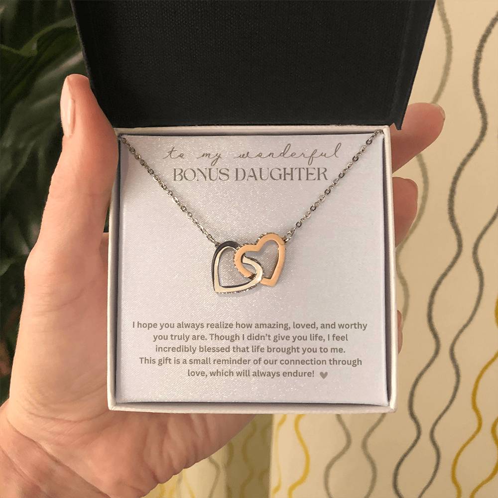 To My Bonus Daughter "Life brought you to me" Interlocking Hearts Necklace