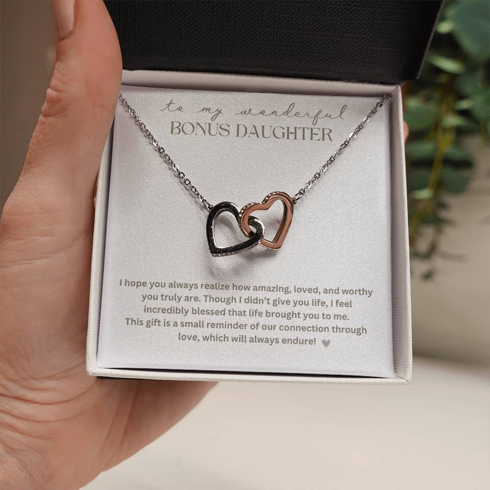 To My Bonus Daughter "Life brought you to me" Interlocking Hearts Necklace