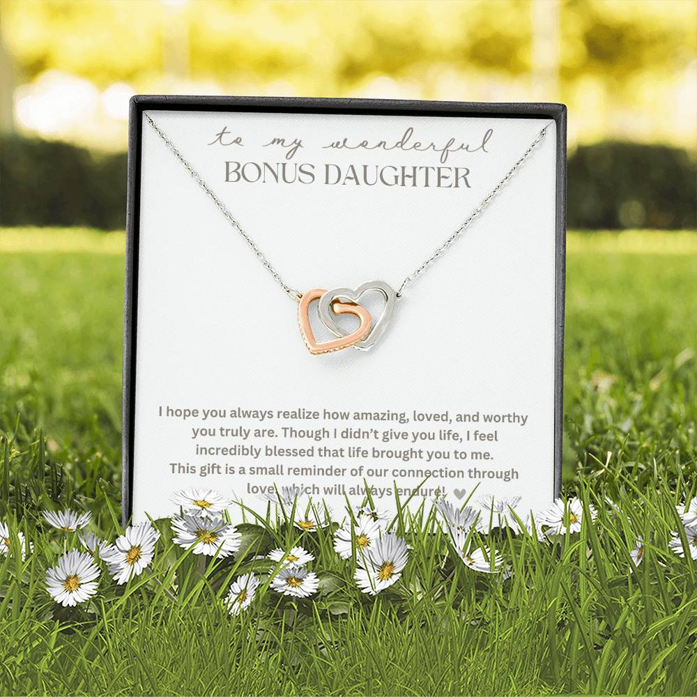 To My Bonus Daughter "Life brought you to me" Interlocking Hearts Necklace