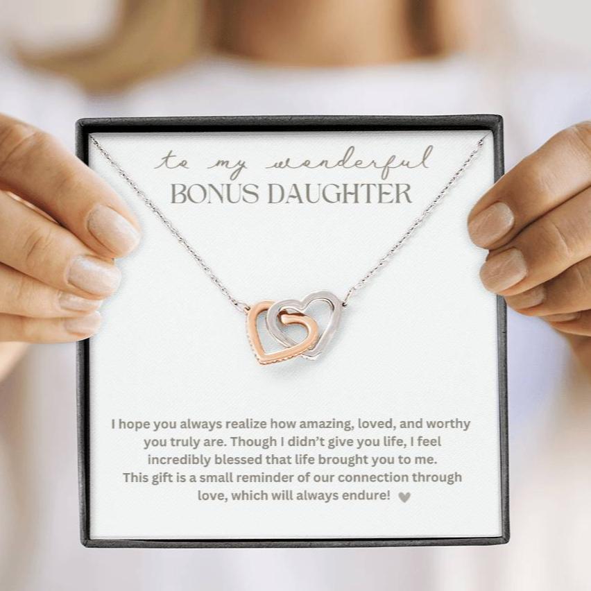 To My Bonus Daughter "Life brought you to me" Interlocking Hearts Necklace