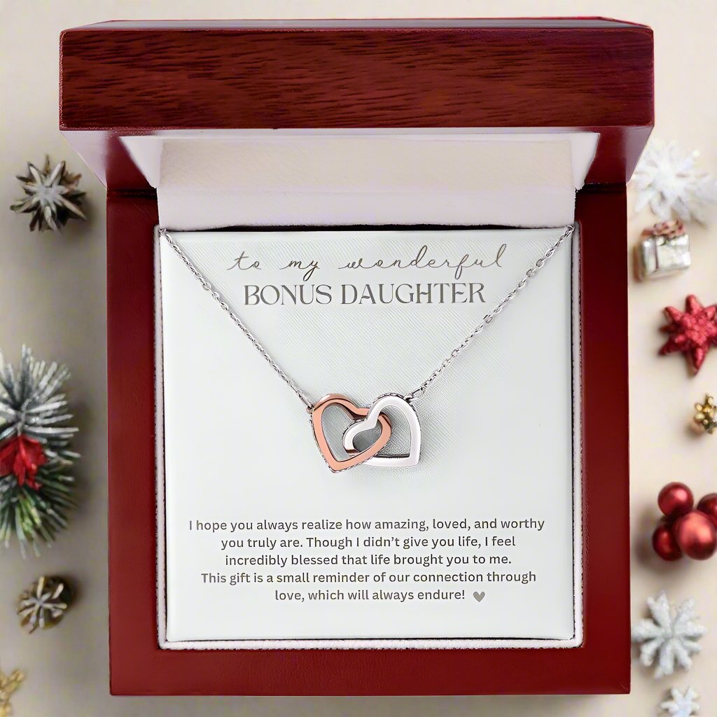 To My Bonus Daughter "Life brought you to me" Interlocking Hearts Necklace