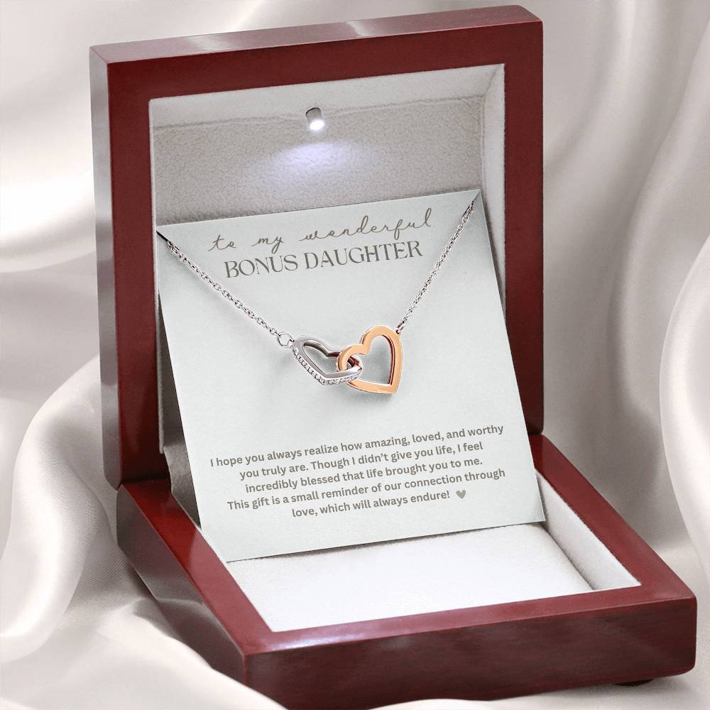 To My Bonus Daughter "Life brought you to me" Interlocking Hearts Necklace