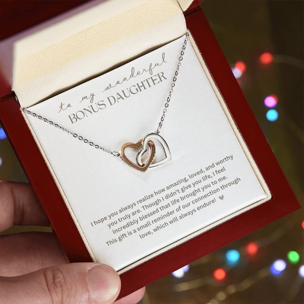 To My Bonus Daughter "Life brought you to me" Interlocking Hearts Necklace