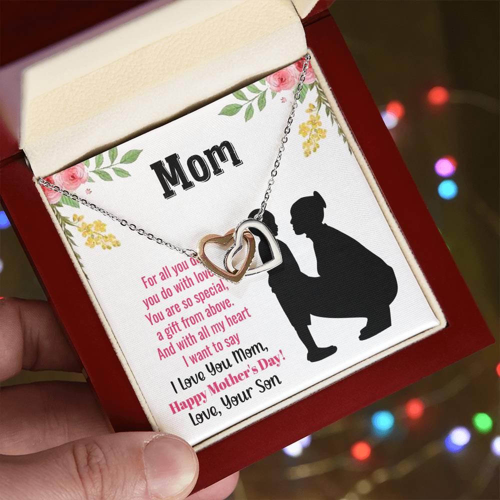 I Love You Mom, Happy Mother's Day Interlocking Hearts Necklace