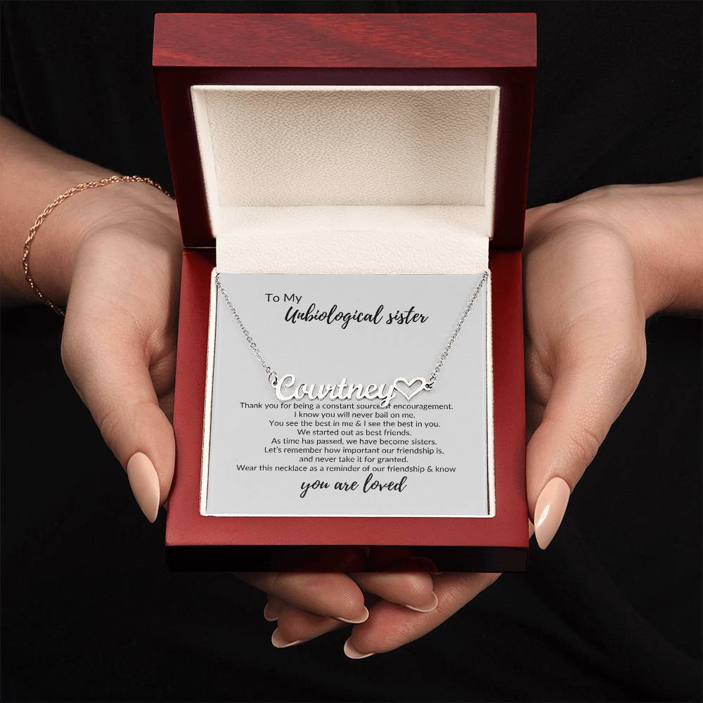 To My Unbiological Sister "You Are Loved" Name Necklace with Heart Character