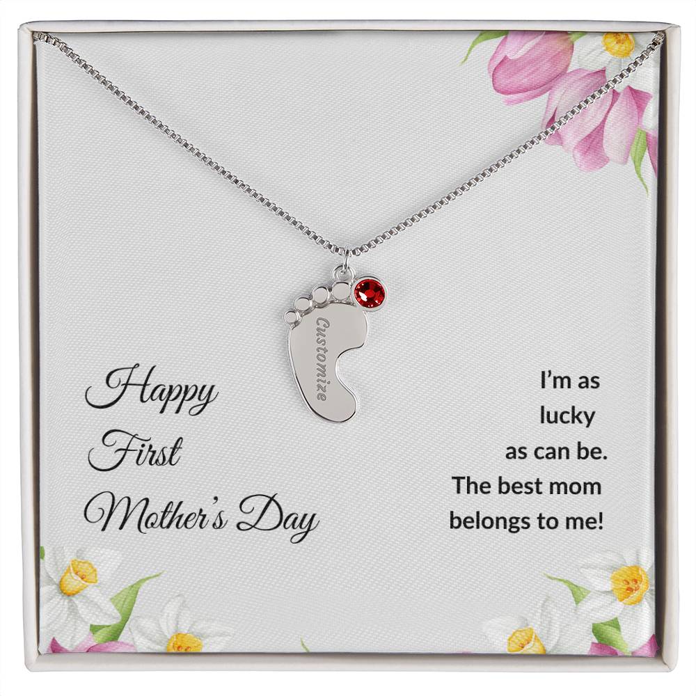 Happy Mother's Day Mom "I'm so lucky" Engraved baby feet Necklace with birthstone