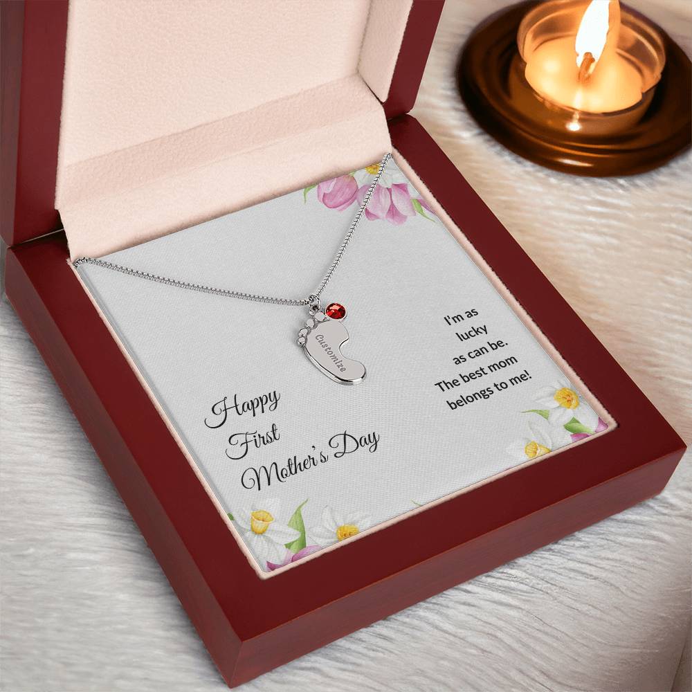 Happy Mother's Day Mom "I'm so lucky" Engraved baby feet Necklace with birthstone