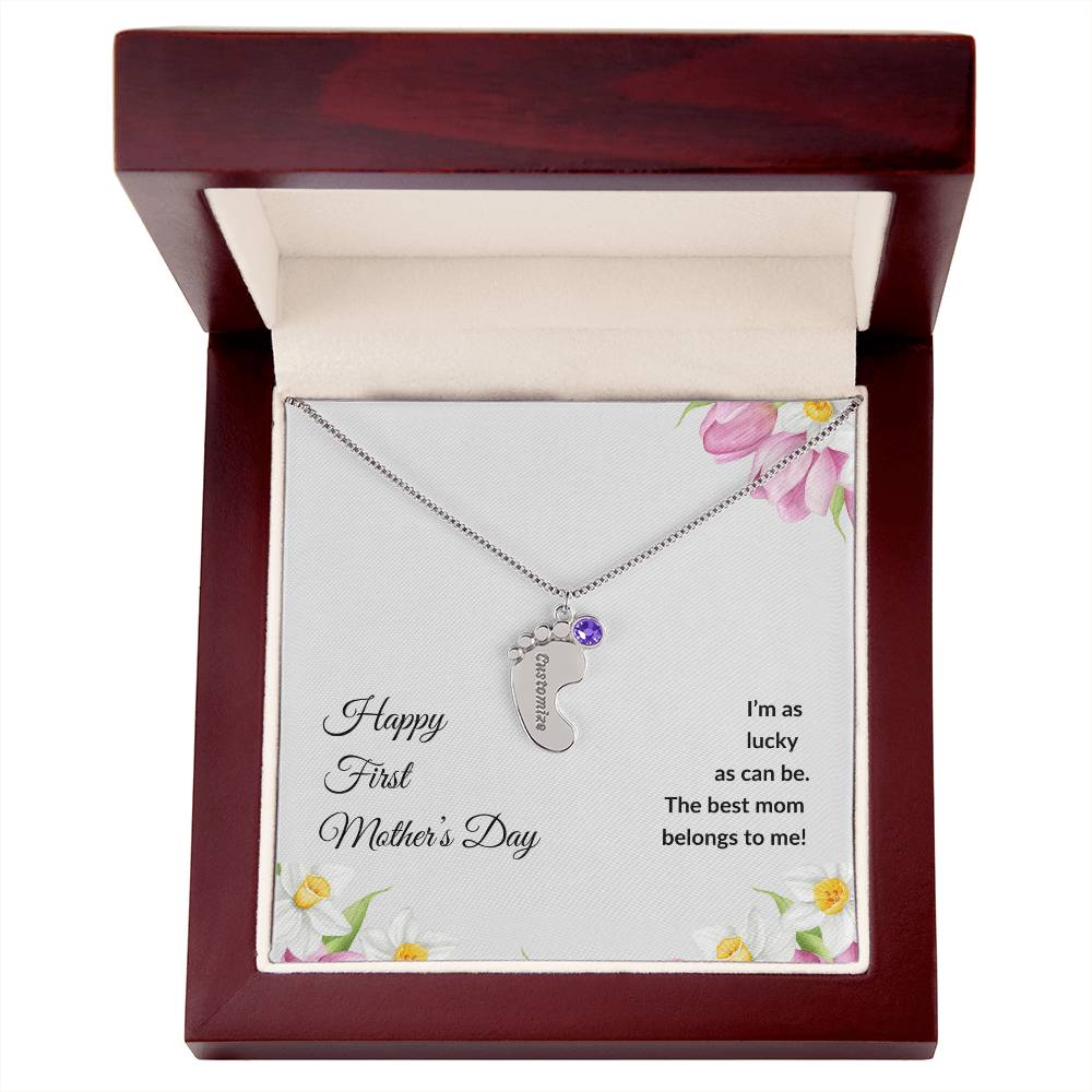 Happy Mother's Day Mom "I'm so lucky" Engraved baby feet Necklace with birthstone