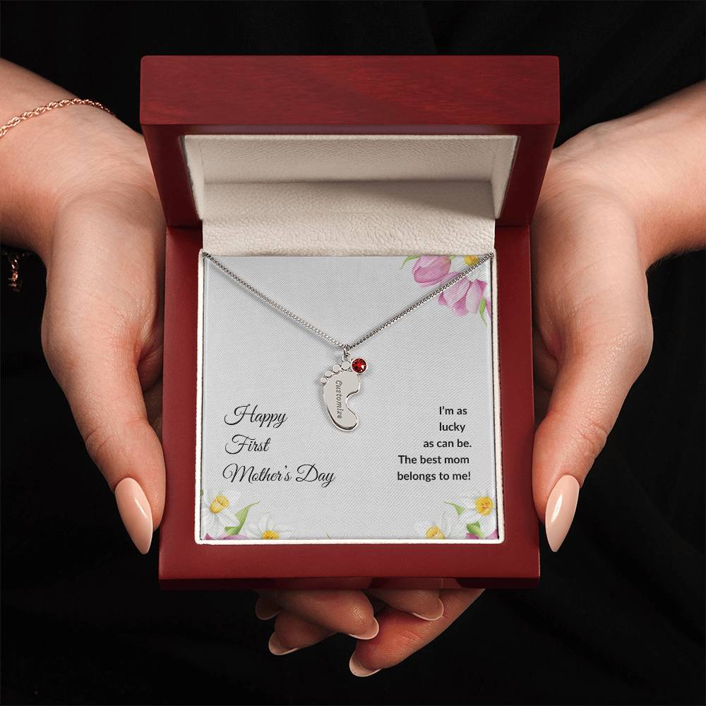 Happy Mother's Day Mom "I'm so lucky" Engraved baby feet Necklace with birthstone