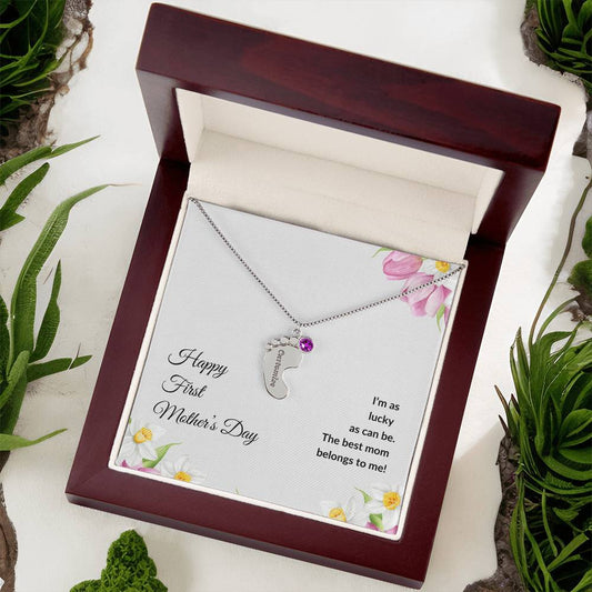 Happy Mother's Day Mom "I'm so lucky" Engraved baby feet Necklace with birthstone