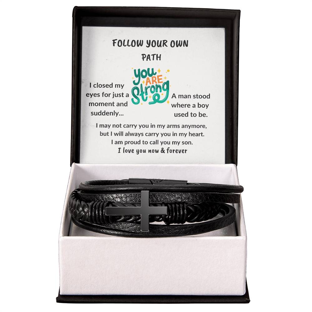 To My Son "You are strong" Men's Cross Leather Bracelet