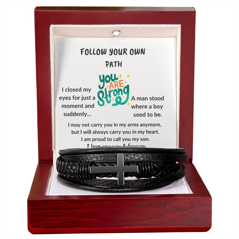 To My Son "You are strong" Men's Cross Leather Bracelet