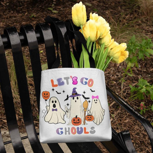 Halloween Ghost Canvas Tote Bag for Trick or Treat Goodie gift! "Let's Go Ghouls"