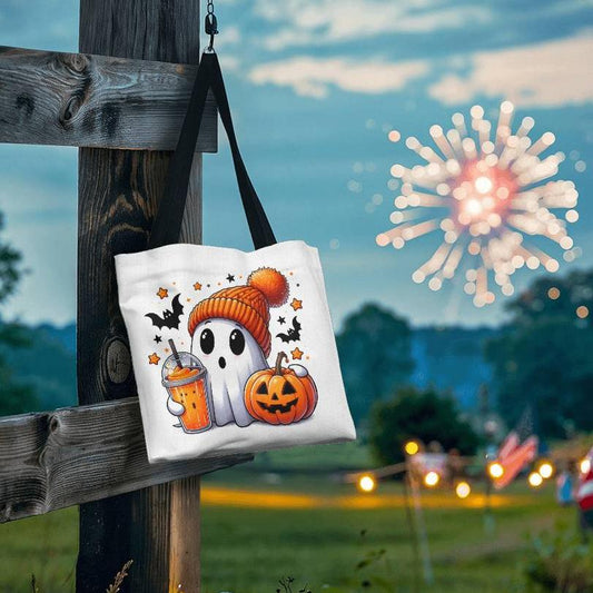 Halloween Ghost, Pumpkin and Bats Canvas Tote Bag for Trick or Treat Goodie gift!