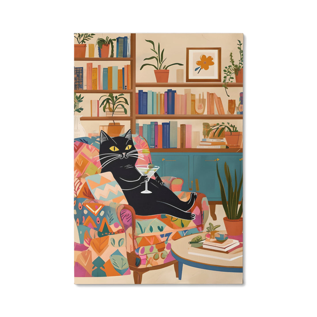 A playful, artful Wrapped Canvas piece for book lovers, cat people, and cocktail connoisseurs like this lounging black cat knows how to unwind in style.