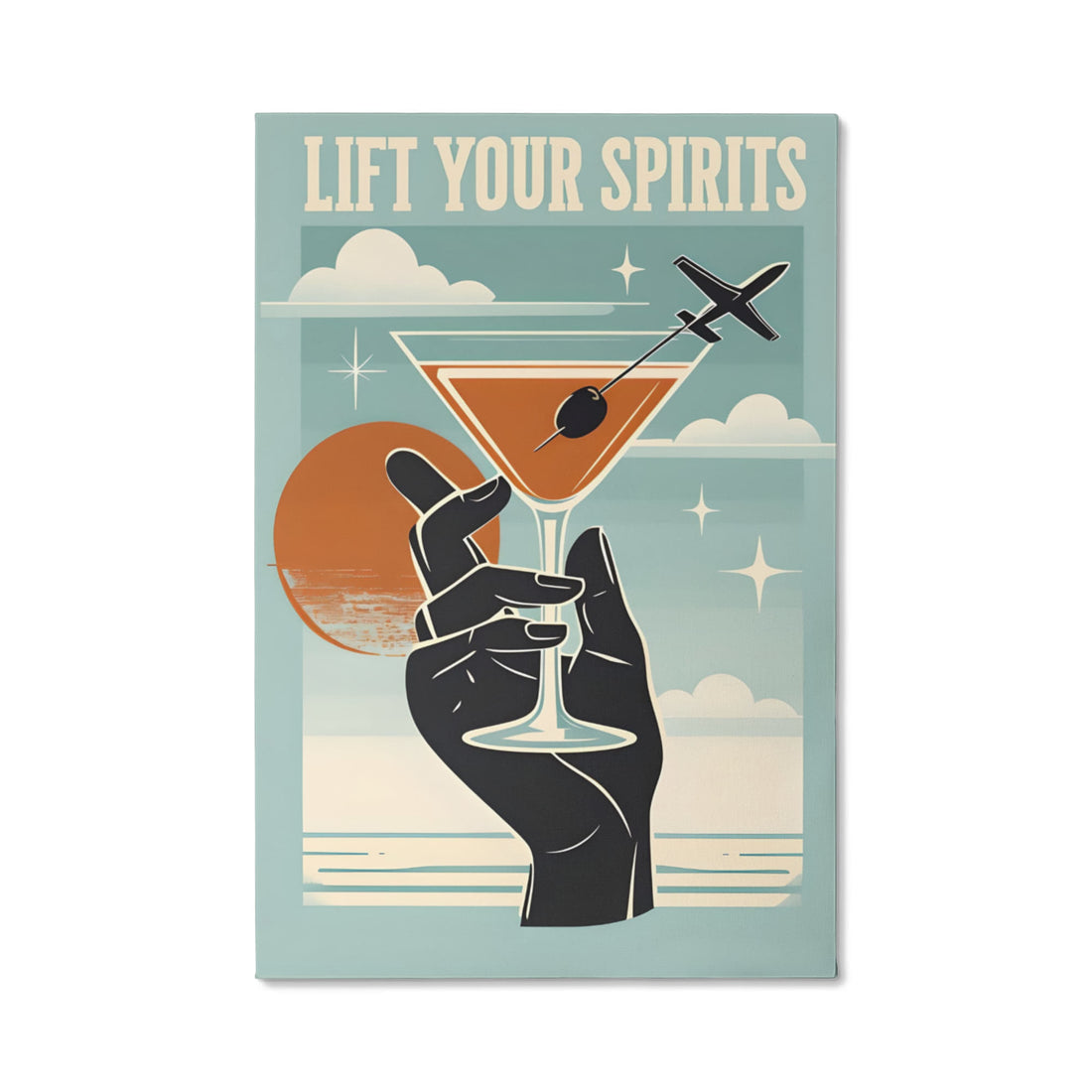“Lift Your Spirits" Gallery Wrapped Canvas.” Perfect for adding a splash of sass and sophistication to any bar area, kitchen, or travel-lover's nook.