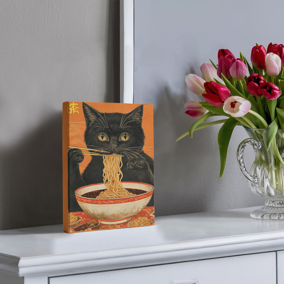 Asian Inspired "Cat eating Noodles" Gallery Wrapped Canvas