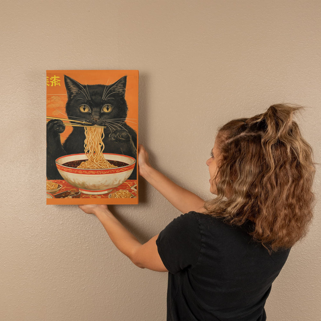 Asian Inspired "Cat eating Noodles" Gallery Wrapped Canvas
