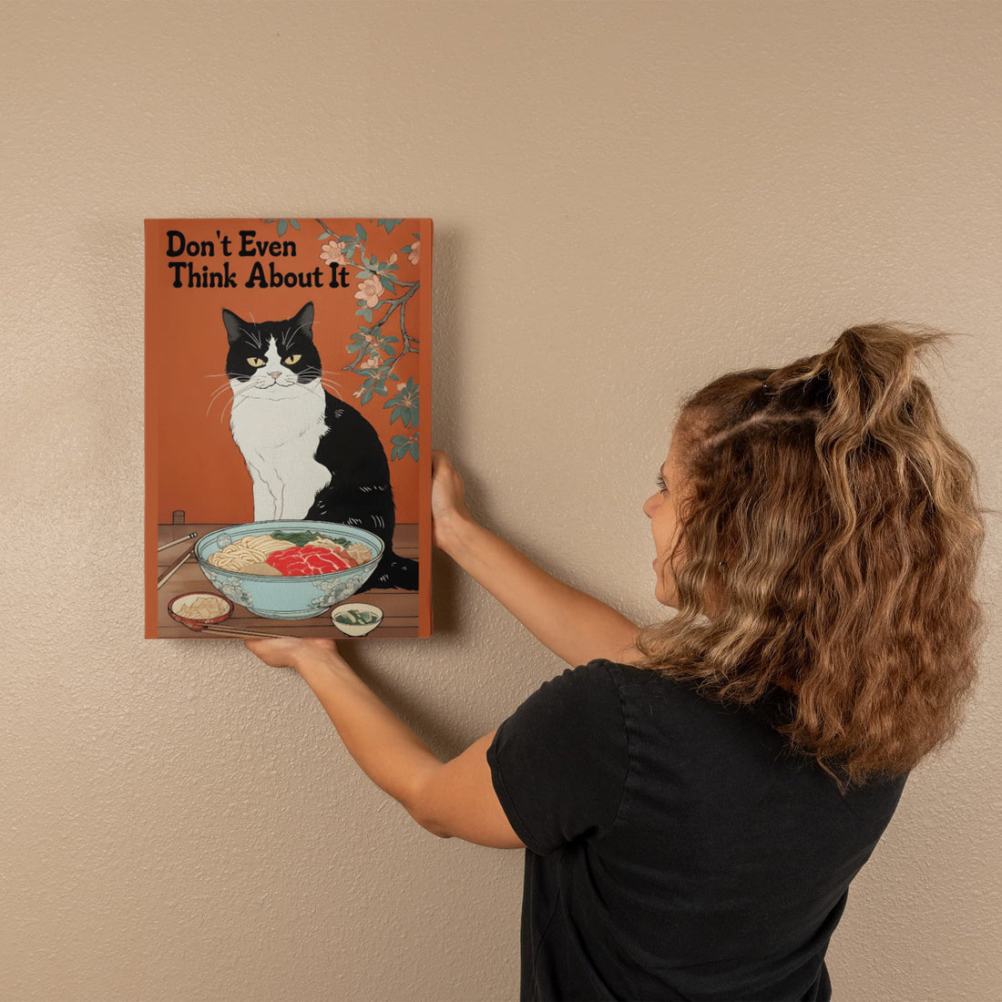 “Don't Even Think About It,” this canvas brings humor and personality no-nonsense tuxedo cat guarding its ramen bowl.