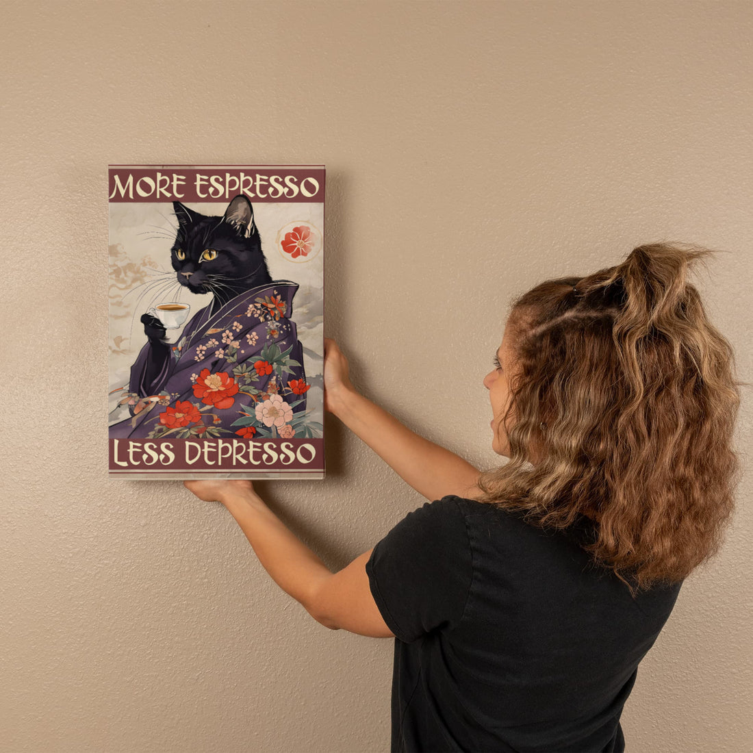 “More Espresso, Less Depresso” says it all—bold, calm, and caffeinated. A chic black cat in a floral kimono Gallery Wrapped Canvas.