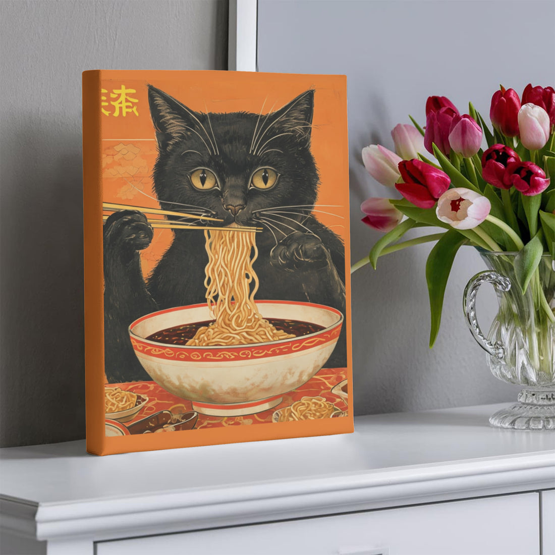 Asian Inspired "Cat eating Noodles" Gallery Wrapped Canvas