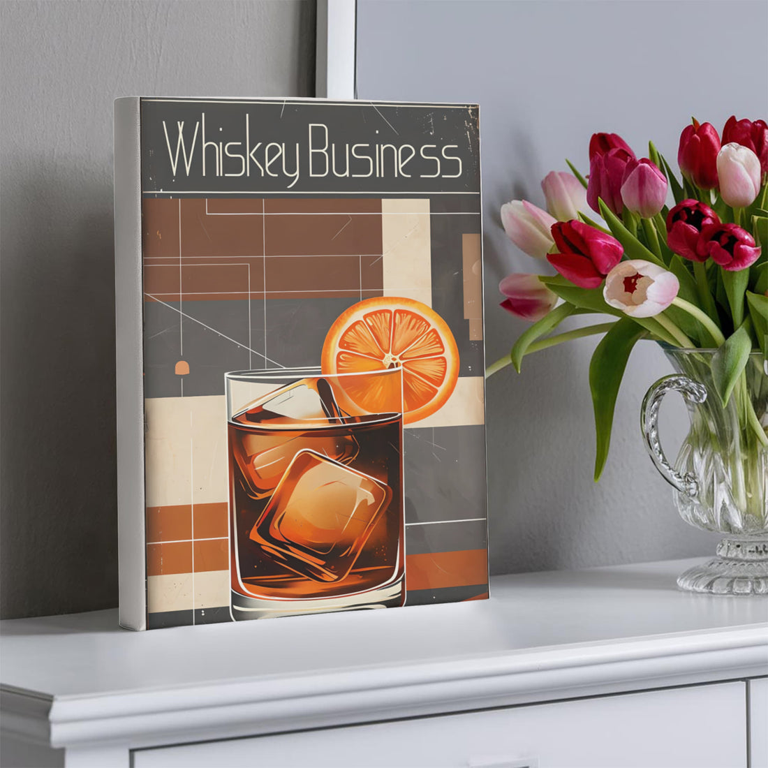 Add a splash of attitude to your space with this retro-style “Whiskey Business” canvas. Perfect for home bars, lounges, or any space where style meets spirit.