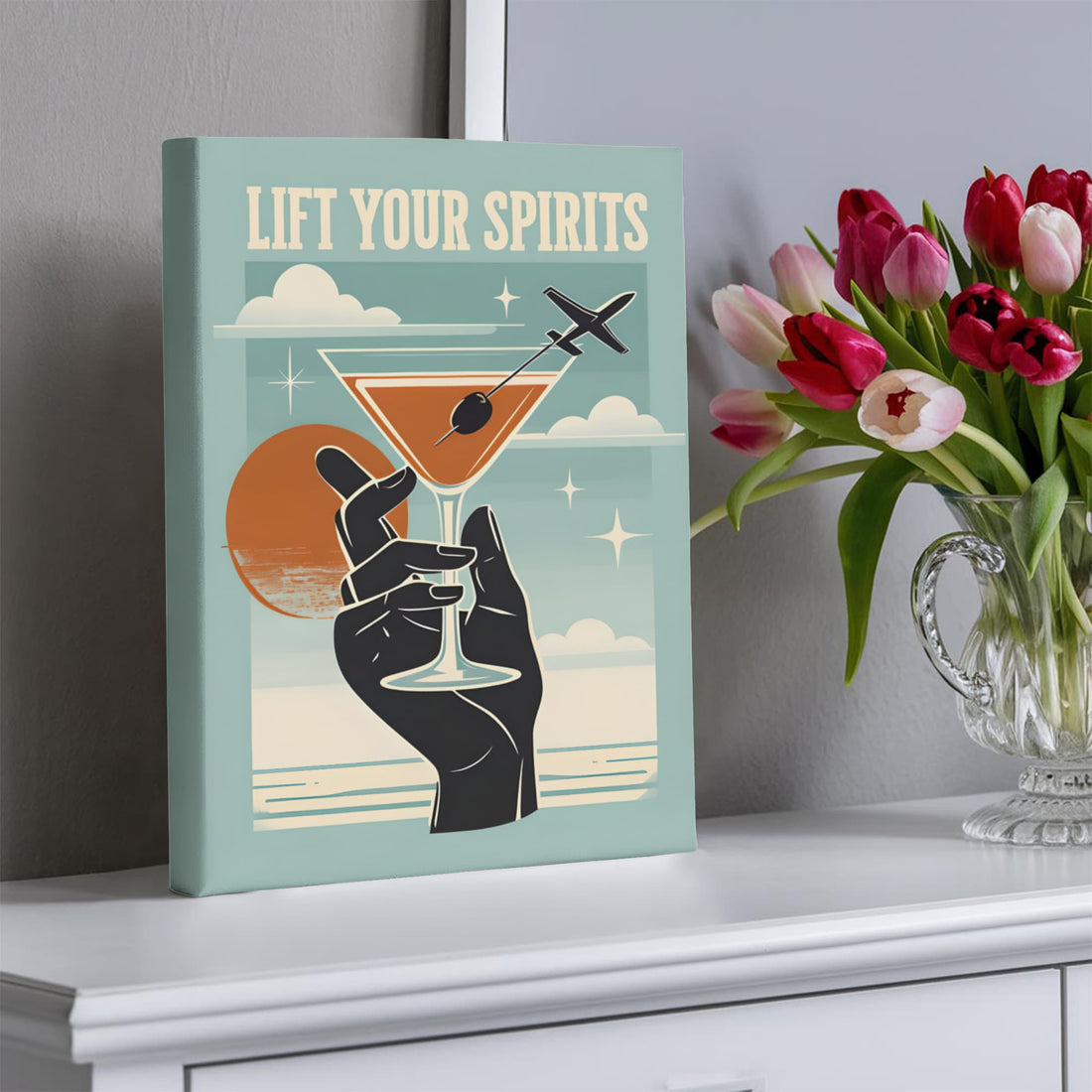 “Lift Your Spirits" Gallery Wrapped Canvas.” Perfect for adding a splash of sass and sophistication to any bar area, kitchen, or travel-lover's nook.