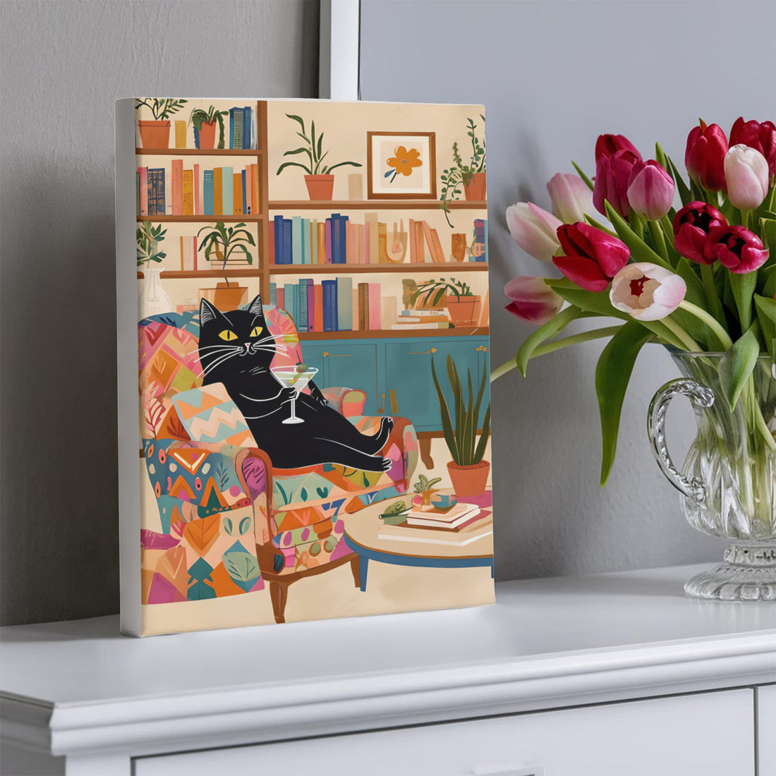 A playful, artful Wrapped Canvas piece for book lovers, cat people, and cocktail connoisseurs like this lounging black cat knows how to unwind in style.