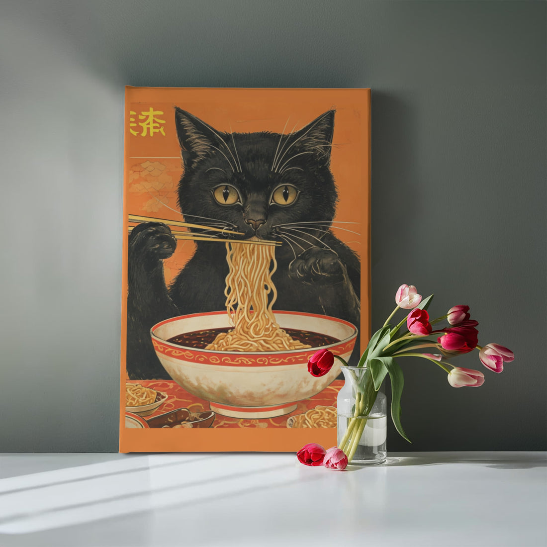 Asian Inspired "Cat eating Noodles" Gallery Wrapped Canvas