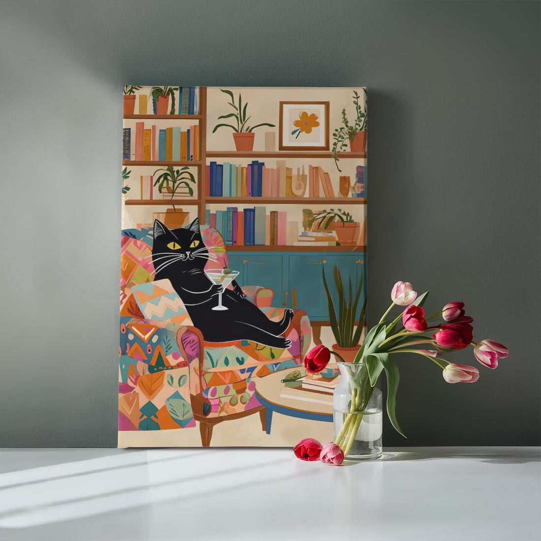 A playful, artful Wrapped Canvas piece for book lovers, cat people, and cocktail connoisseurs like this lounging black cat knows how to unwind in style.