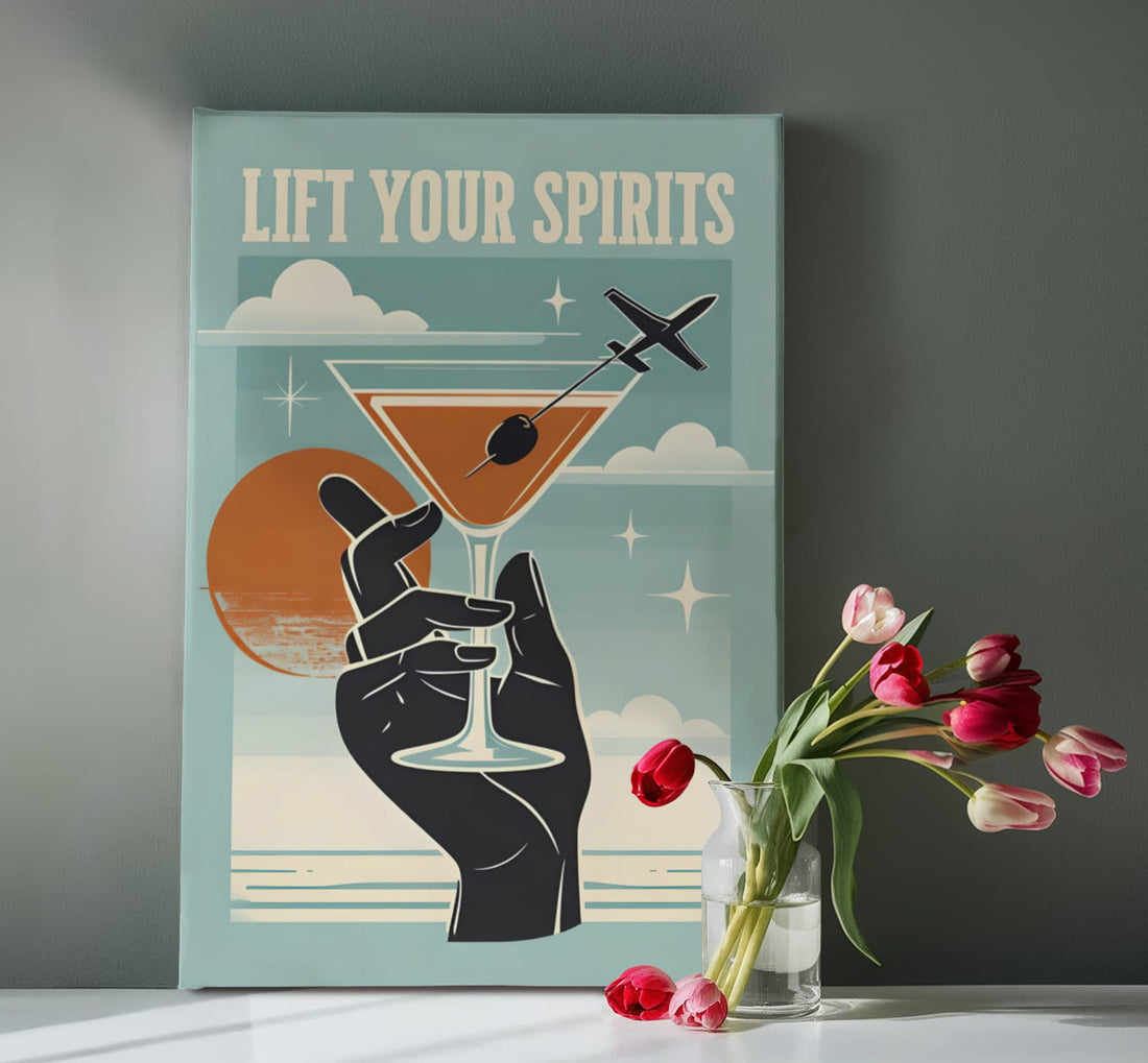 “Lift Your Spirits" Gallery Wrapped Canvas.” Perfect for adding a splash of sass and sophistication to any bar area, kitchen, or travel-lover's nook.