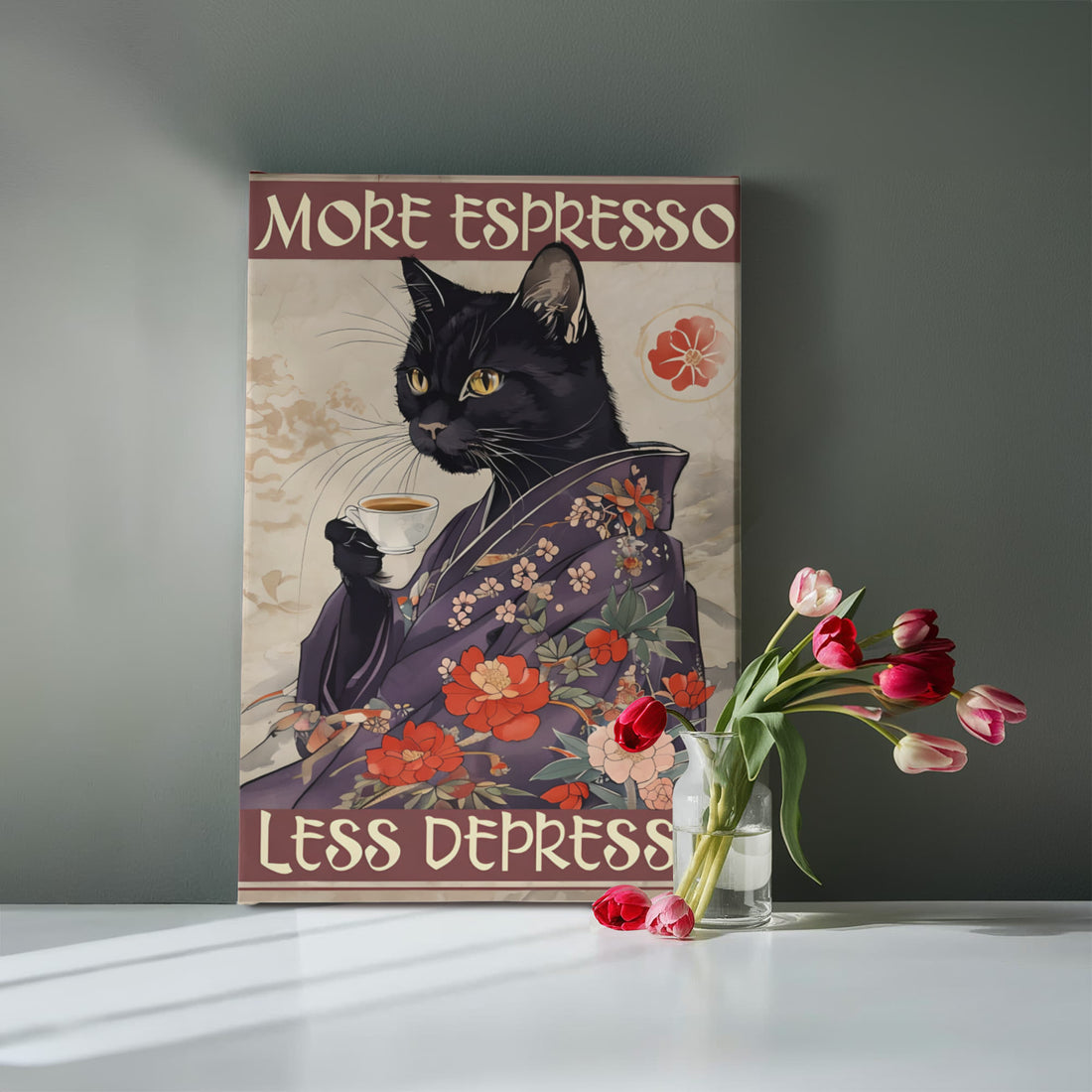 “More Espresso, Less Depresso” says it all—bold, calm, and caffeinated. A chic black cat in a floral kimono Gallery Wrapped Canvas.