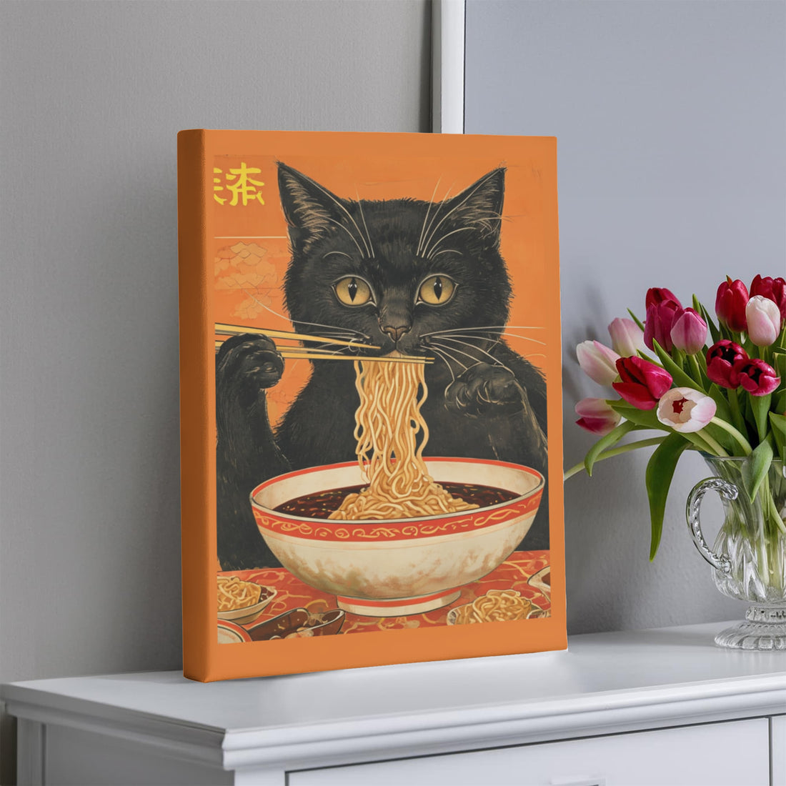 Asian Inspired "Cat eating Noodles" Gallery Wrapped Canvas