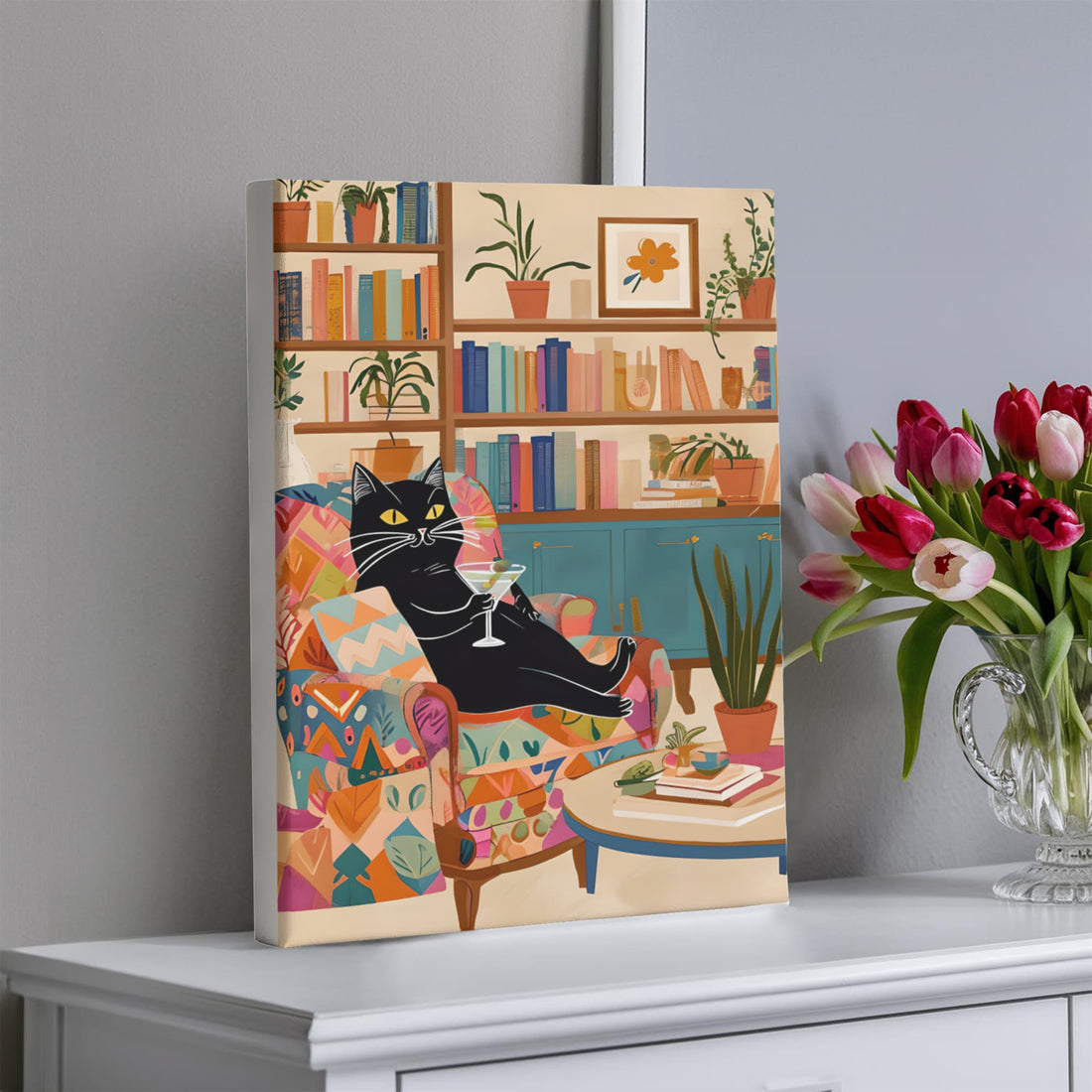 A playful, artful Wrapped Canvas piece for book lovers, cat people, and cocktail connoisseurs like this lounging black cat knows how to unwind in style.