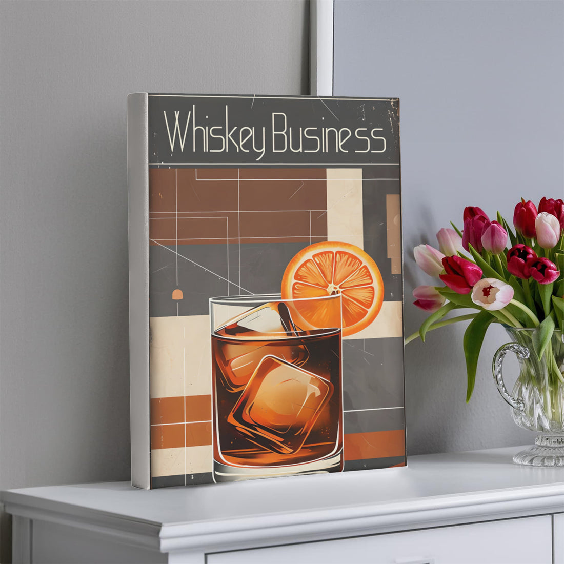 Add a splash of attitude to your space with this retro-style “Whiskey Business” canvas. Perfect for home bars, lounges, or any space where style meets spirit.