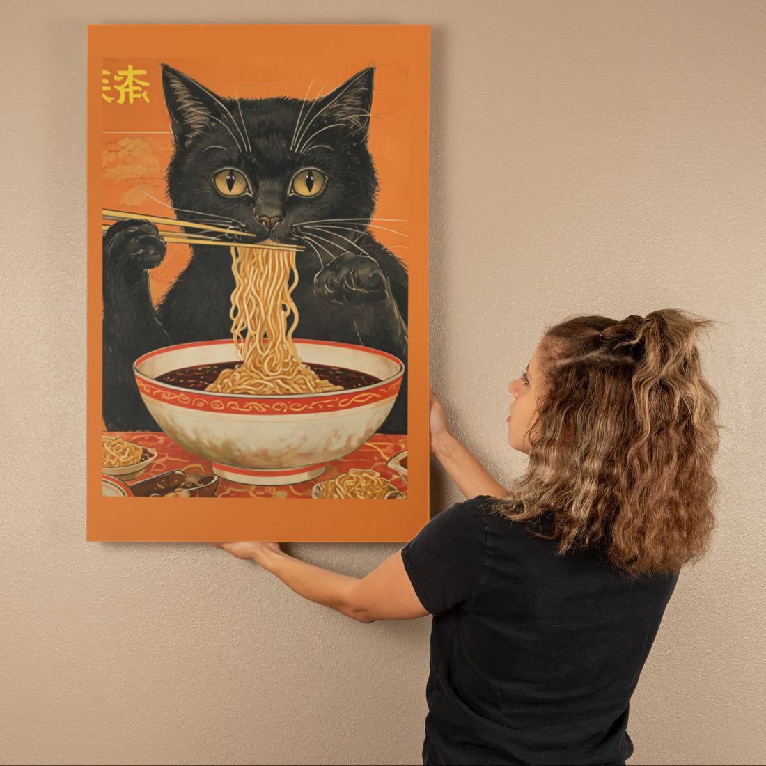 Asian Inspired "Cat eating Noodles" Gallery Wrapped Canvas