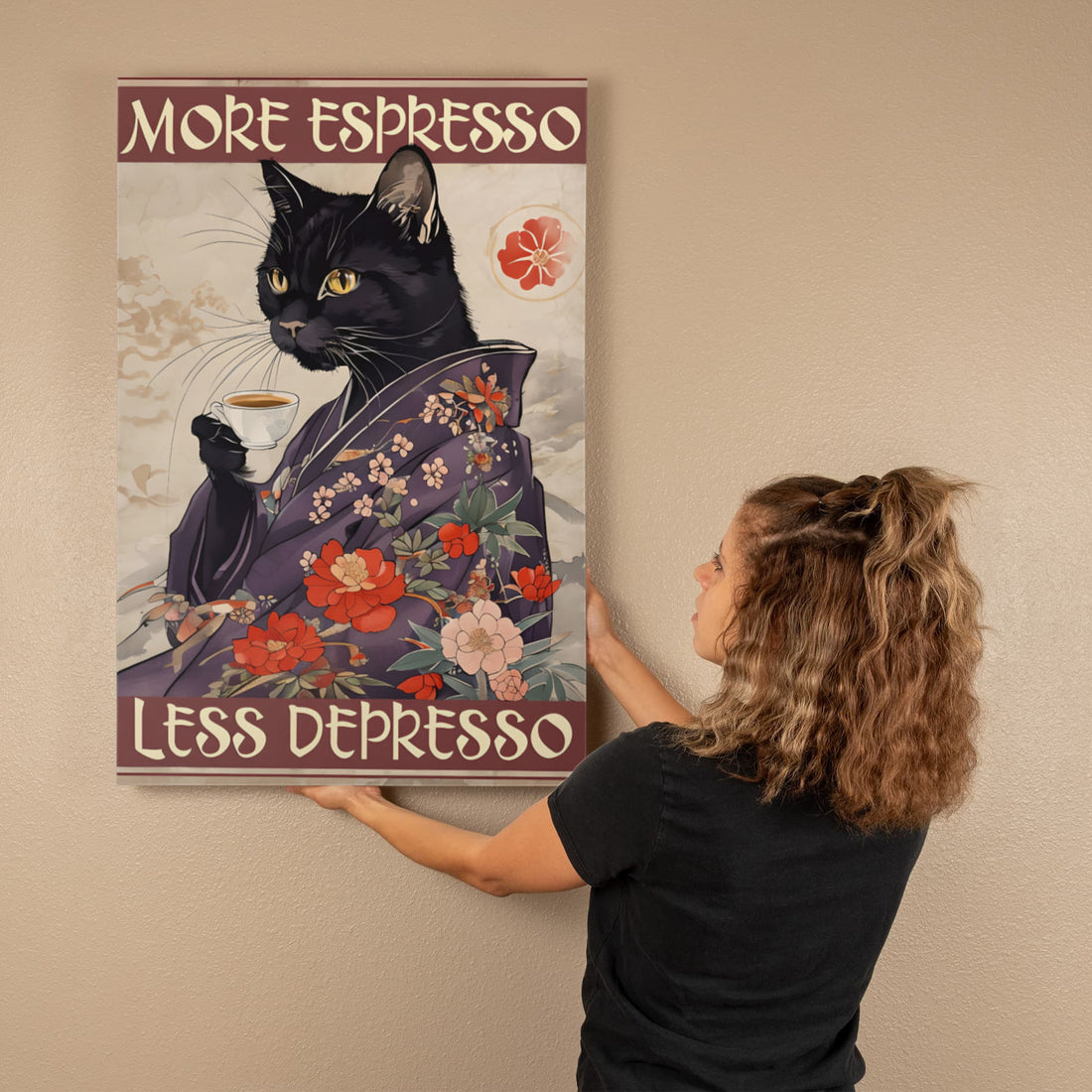 “More Espresso, Less Depresso” says it all—bold, calm, and caffeinated. A chic black cat in a floral kimono Gallery Wrapped Canvas.