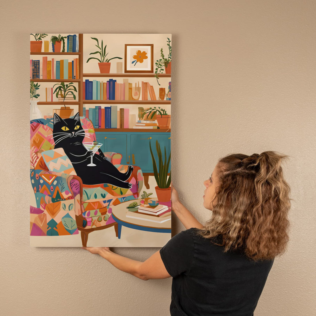 A playful, artful Wrapped Canvas piece for book lovers, cat people, and cocktail connoisseurs like this lounging black cat knows how to unwind in style.