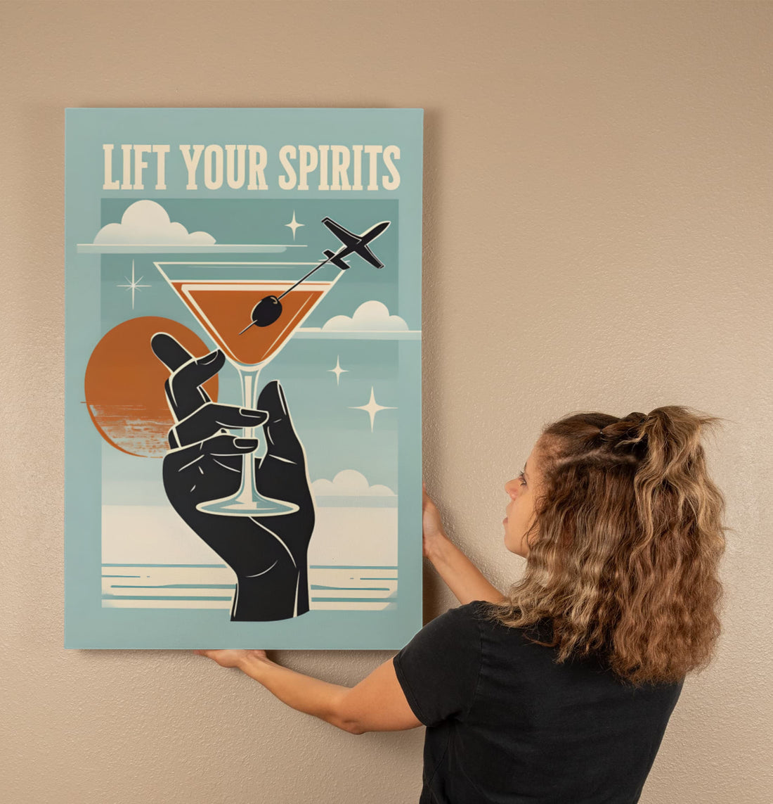 “Lift Your Spirits" Gallery Wrapped Canvas.” Perfect for adding a splash of sass and sophistication to any bar area, kitchen, or travel-lover's nook.
