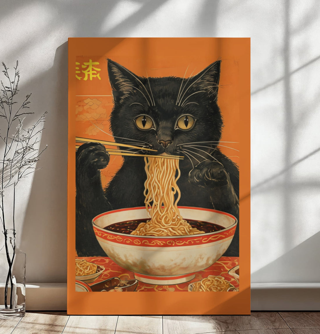 Asian Inspired "Cat eating Noodles" Gallery Wrapped Canvas