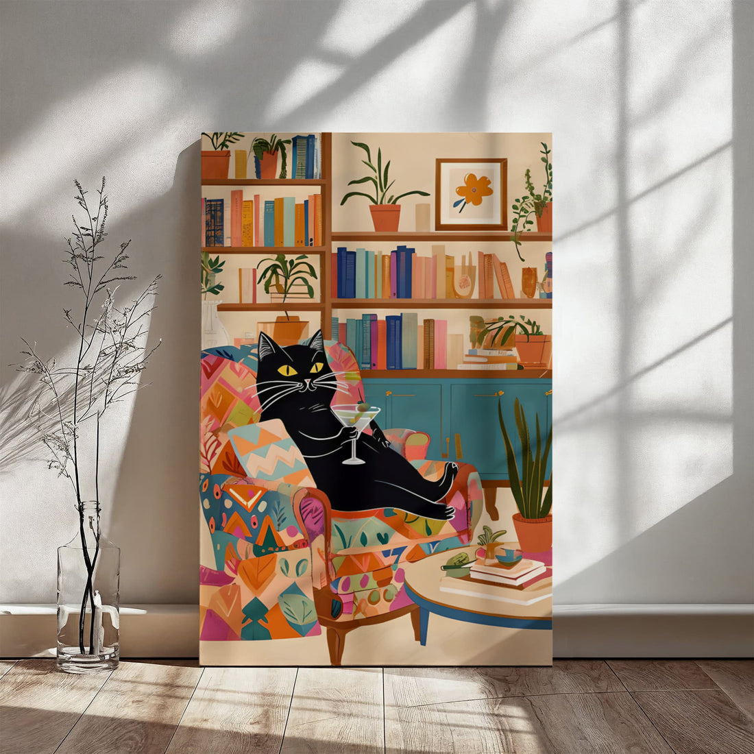 A playful, artful Wrapped Canvas piece for book lovers, cat people, and cocktail connoisseurs like this lounging black cat knows how to unwind in style.