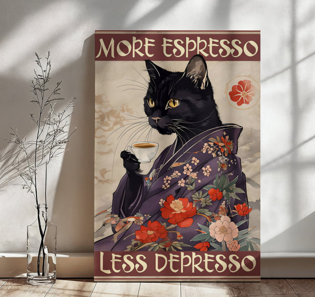“More Espresso, Less Depresso” says it all—bold, calm, and caffeinated. A chic black cat in a floral kimono Gallery Wrapped Canvas.