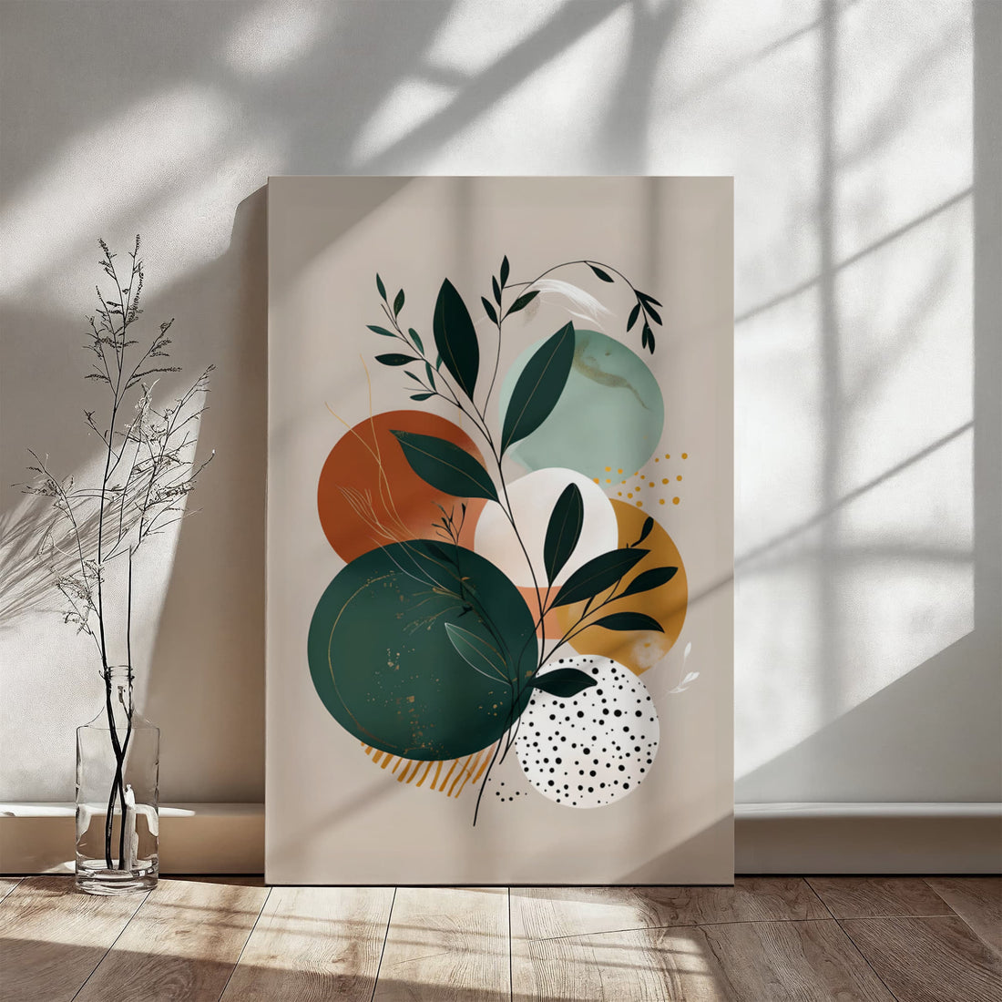 A harmonious blend of nature and geometry creating a soothing, modern aesthetic! Ideal for adding a calm, artful vibe to any living space, office, or creative corner.